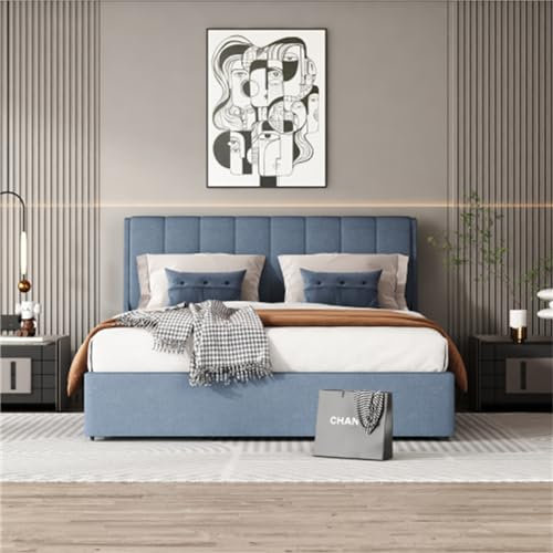 Tcewhhy Polsterbett 140x200 cm Mit Schubladen Doppelbett Mit Lattenrost Und Rückenlehne Leinenbett Jugendbett Für Erwachsene Jugendliche Stauraumbett Gästebett Blau