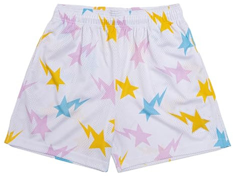 DIOTSR Herren Basketball-Shorts mit Sternenmuster, Mesh-Design, elastischer Bund, 2 Seitentaschen, Weiß-Rosa, L