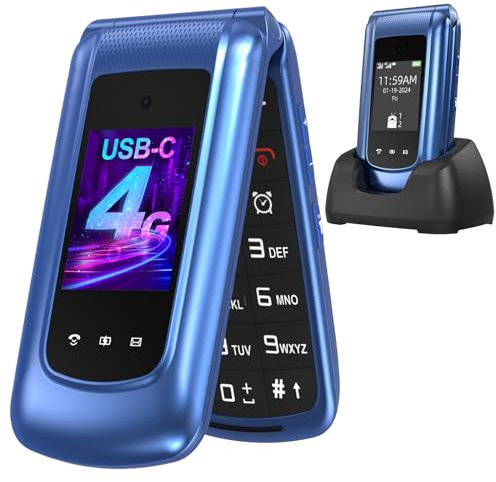 USHINING 4G Seniorenhandy Klapphandy ohne Vertrag, Mobiltelefon Großtasten Handy für Senioren mit 2,4 und 1,77 Zoll Dual Farbdisplay Dual-SIM SOS-Notruftaste USB-C Ladestation Kurzwahl Wecker, Blau