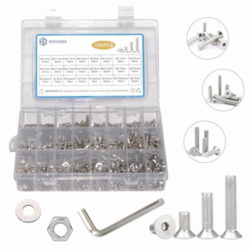 WZHUIDA 1080Pcs M2 M3 M4 M5 Screw Assortment, Metric Flat Countersunk Head Socket Cap Bolts, Stainless Steel Screws Nuts and Washers with 4 Hex Allen Wrenches, Full Thread