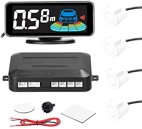 SHUAIGUO Auto Rückfahrwarner Einparkhilfe,Parksensor hinten Rückfahrradarsystem mit 4 Sensoren Universal rückfahrwarner mit LED Farb Display,Rückwärtsgang Audio Buzzer Alarm Kit (Weiß)