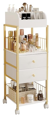 ZQUYAJ Makeup Organizer Storage Cart, Large Skincare organizers, Makeup Stand with Drawers, Makeup Vanity Organizer Cosmetics Display Cases Holder for Skin Care Nail Polish Perfume Makeup Brush (Gold)