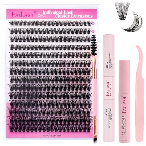 Fadlash Eyelash Extension Kit 0.07 D 8-16mm 60D Wispy Lashes Cluster Lashes Glue Bond And Seal With Tweezers&Eyebrow Brush Eyelash And Lash Adhesive Remover DIY At Home