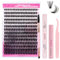Fadlash Eyelash Extension Kit 0.07 D 8-16mm 60D Wispy Lashes Cluster Lashes Glue Bond And Seal With Tweezers&Eyebrow Brush Eyelash And Lash Adhesive Remover DIY At Home