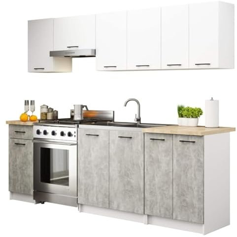 BDW - Cocina Completa - Juego de Muebles de Cocina sin Electrodomésticos - Mini Cocina 240 cm Ancho - 240x203x46 cm - Muebles de Cocina Blanco/Hormigón