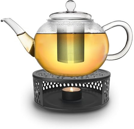 Creano Teekanne aus Glas 1,2l + ein schwarzes Stövchen aus Edelstahl - Glasteekanne mit Edelstahl-Filter und Deckel - ideal zur Zubereitung von losen Tees - 100% tropffrei