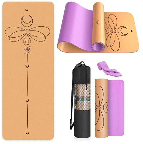 Tapis Yoga Liege Naturel 100% Tapis d'exercice Ecologique Haute Densité183X61X0.4Cm avec Sangle De Transport pour La Maison, Le Pilates,Le Gymnase Et L'Entraînement-violet-Libellules
