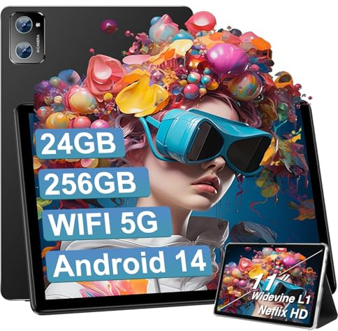 2024 New Android Tablet 14 Tablet, 11 Inches with 24GB RAM 256GB ROM 5G+2.4G WiFi, WiFi 6, Octa-Core, GMS Certified, Widevine L1, Bluetooth, Touch Tablet with Keyboard | Mouse | Case – Black