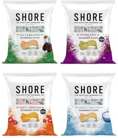Shore Seaweed Chips Selection, New Variety Pack, 25g (Pack of 8), 2 bags of Lightly Salted, Peking Duck, Salt & Balsamic, Sweet Siracha, Seaweed Crisp - Low Calorie and Fat snack, Source of Fibre