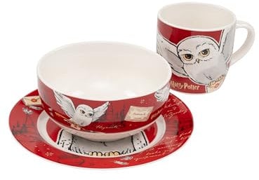 United Labels Harry Potter, set di stoviglie da 3 pezzi, rosso, set da colazione in porcellana con piatto Ø 19 cm, tazza da 220 ml e ciotola da 330 ml, set di stoviglie