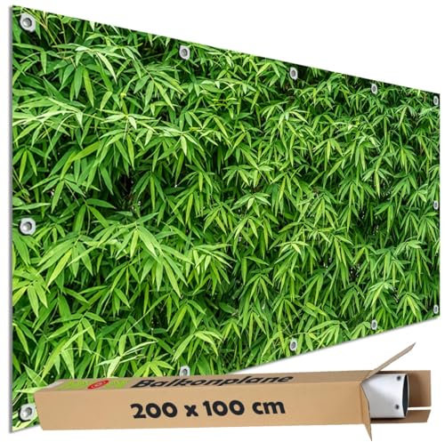 TRIOSK Sichtschutz Balkon Deko Plane Balkonblende Blickdicht mit Motiv Bambus Pflanzen Hecke für Garten Terrasse Gartenzaun Balkonverkleidung Blickschutz PVC groß 200x100 cm Grün