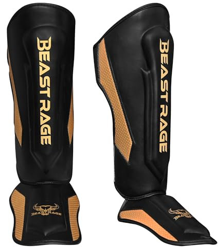 BEAST RAGE Espinilleras Kickboxing, Muay Thai, MMA y Artes Marciales. Protección en Pierna y Empeine, Ideales para Entrenamiento, Sparring, BJJ, Karate, Boxeo y Taekwondo. (Gold, XL)