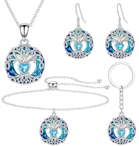 Tree of Life Blue Crystal Heart Design Silver Necklace Bracelet Earrings Keychain Set of 4