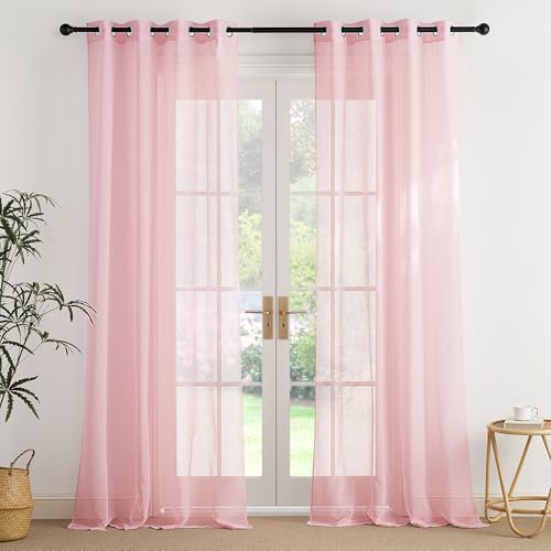 PONY DANCE Rosa Vorhang Kinderzimmer Transparent Voile Gardinen mit Ösen Wohnzimmer Vorhänge Durchsichtig Extra Lange Gardine Leinenoptik Ösenschal 2er Set H 260 x B 140 cm