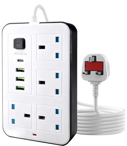 Maqash extension lead with usb slots 2500W -2m long cable - copper clips - 13A 220V - multi usb plug Cord UK - power strip with USB Socket, 8 in 1 mobile charging USB C PD 5V/2.1A