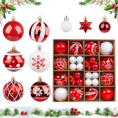 38 Stücke Kunststoff Weihnachtskugeln Rot weiß Set, Christbaumkugeln Weihnachtsbaumkugeln Plastik, Baumschmuck Weihnachten, Weihnachtskugeln Kunststoff Deko Outdoor Indoor