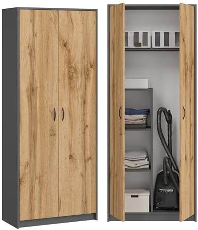 BDW - Besenschrank - Putzschrank, Haushaltsschrank - 74x35x180cm - Praktischer Mehrzweckschrank, Allzweckschrank für Besen, Staubsauger, Reinigungsmittel - Dino Graphit/Eiche Wotan