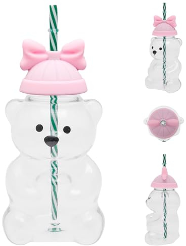 ZEJEXXB Bear Straw Cup Cute Bear Glass Cup with Lid and Straw 20oz Cute Bears Mugs Drinking Cups Bottle Mug for Juice Milk Coffee Tea Smoothies Water Beverage(Pink Bow)