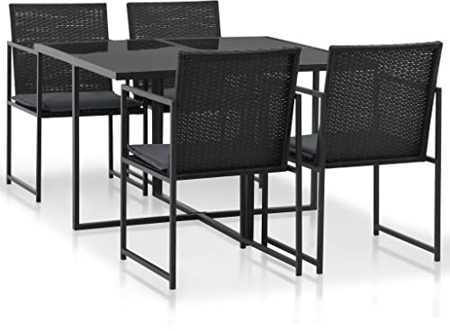 Mhdvray Conjunto de comedor de jardín con cojines de ratán negro de 5 piezas, elegante conjunto de asientos con mesa de cristal y 4 sillas de jardín, resistente a la intemperie para jardín, terraza y