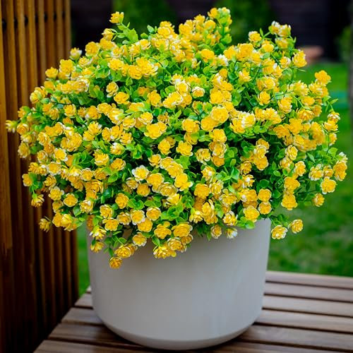 Artificial Flowers for Outdoors UV Resistant - 12 PCS Bundles Faux Fake Outdoor Plants Plastic Shrubs No Fade Fall Greenery Bushes Home Porch Boxwood Outside Fake Mums Decoration Garden (Yellow)