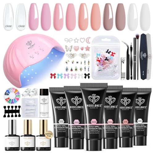 Modelones Poly Extension Gel Nail Kit - 6 Colors with 48W Nail Lights Nail Lamp Slip Solution Rhinestones Glitter All in One Nail Manicure Kit Beginner Starter Kit DIY Home