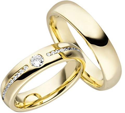 JC Trauringe Silber 925 Paarpreis Eheringe Gold Plattiert I Verlobungsringe breit 5 mm I Partnerringe mit Gravur in edler Schatulle I 2 Hochzeitsringe Herrenring ohne & Damenring mit Steinen I LC106-P