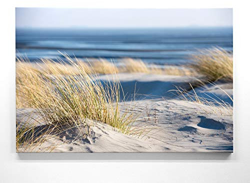 Atemberaubende Nordsee Bilder als XXL Leinwand-Wandbild 120cm x 90cm, Motiv Sand-Strand-Hafer. EIN Panorama-Bild für Wohnzimmer, Schlafzimmer. Fertig aufgespannt auf 4cm Holz-Keilrahmen
