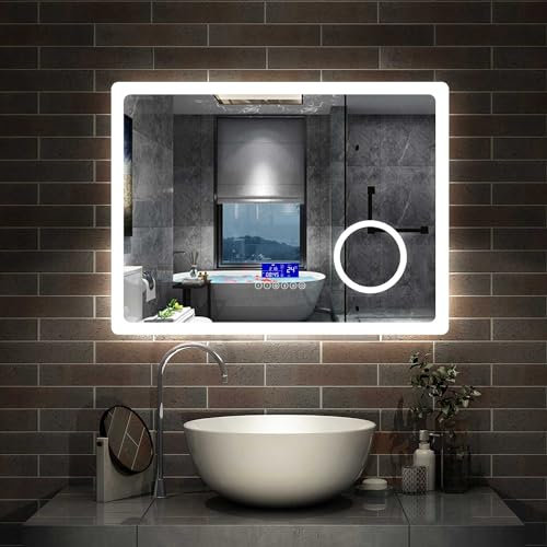 Aica Sanitär LED Badspiegel 80×60cm Bluetooth 5.0 Schminkspiegel 3 Lichtfarbe Wandspiegel mit Uhr, Touch, Beschlagfrei, Datum, Kalt/Neutral/Warmweiß IP44 energiesparend