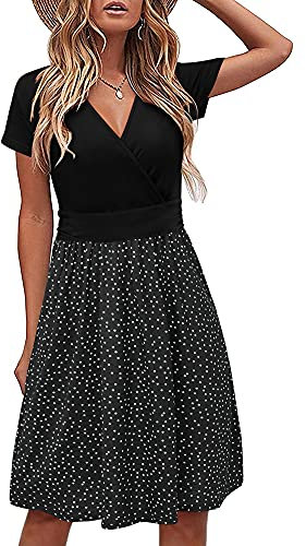 STYLEWORD Damen Sommerkleid Kurzarm V-Ausschnitt kleider Blumenmuster kleid Strandkleid Mit Taschen(floral08,Groß)