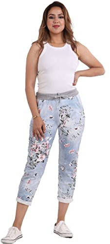 Candid Styles Womens Italian Denim Joggers Sweatpants Plain Floral Star Elasticated Waist Gym Running Yoga Pants Jogging Turn Up Trousers 8-22#Light Denim Floral Trouser#UK 12-14