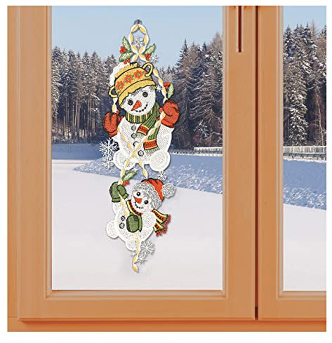 Fensterbild Zwei lustige Schneemänner Girlande aus Vogtländischer Spitze | Verspielte Winterdeko für Wohnraum und Kinderzimmer | Niedliches Spitzenbild Schneemannkinder | Höhe x Breite 44 x 16 cm