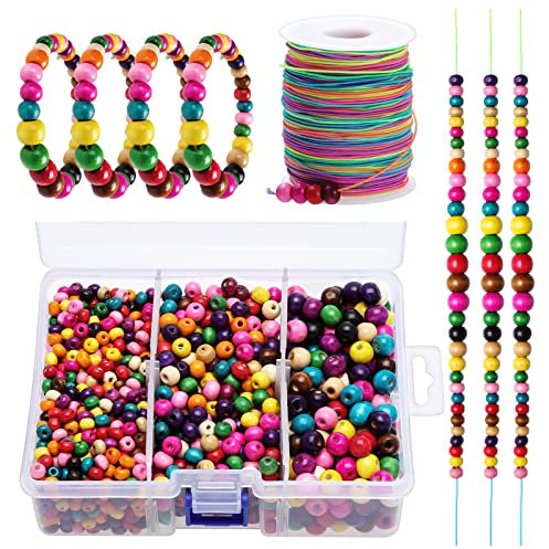 Kinsinder 1750 Stück Bunte Holzperlen, Rund Bunte Gemischte Farben Holzperlen mit Einfädeln elastische Schnur für Schmuckherstellung, Armbänder, Halsketten, Bastelarbeiten