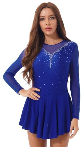 CHICTRY Ballettkleid Damen Langarm Strass Eiskunstlauf Kleid Glitzer Mesh Patchwork Gymnastik Body Cut Out Trikot Wettbewerb Perforance Bekleidung Royal Blau 3XL