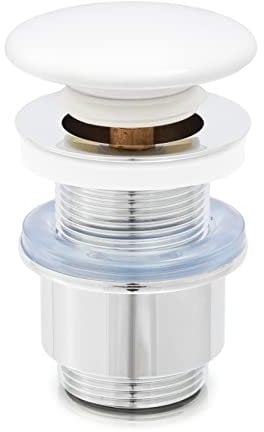 Piletta di Scarico Click-Clack Universale Tappo in Ceramica Bianco per Lavabo e Bidet 1 1/4 Acciaio Inossidabile mod. Frera (Senza troppo pieno)