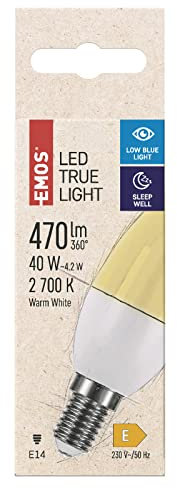 EMOS LED Lampe TRUE LIGHT Candle 4,2W, Ersatz für 40W Glühbirne, E14 Sockel, Helligkeit 470 lm, Warmweiß 2700 K, 30000 Stunden Leuchtdauer, CRI min. 94, 260° Abstrahlwinkel