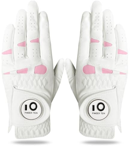LOVMEAD Golfhandschuhe für Damen mit Ballmarker für Linke und rechte Hand, Cabretta-Leder im Paar, Damen-Golf-Handschuh, Regen-Griff, Allwetter-weich, bequem, flexibel (Rosa, L)