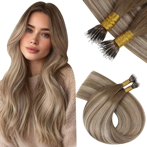 Vivien Balayage Nano Ring Extensions Echthaar Braun 35 cm Echthaar Extensions Nanoring Braun Ombre Platinblond Menschliches Haar 50g 50s #6/60/6