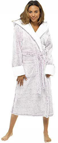 KATE MORGAN Ladies Dressing Gown Fluffy Super Soft Hooded Bathrobe for Women Plush Fleece Perfect Loungewear Long Robe | Gifts for Women M Pink Rose