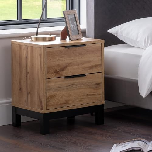 Julian Bowen Bali Bedside Table, 2 Drawer, Oak Effect - H57.5 x W45 x D40cm | Industrial Style Nightstand for Bedroom, Easy Assemble, 2 Drawers, Practical Storage End Table, Black Legs & Handles
