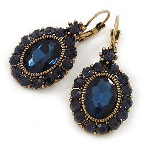 Boucles d'oreilles pendantes ovales en cristal bleu nuit avec fermoir dormeuse, ton or antique/d'inspiration vintage – 42 mm L, taille unique, Verre, Cristal