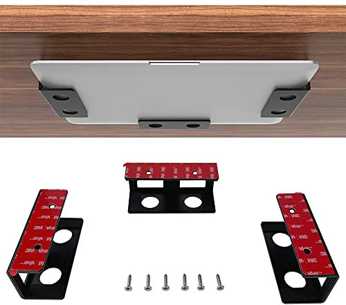 JEMACHE Under Desk Laptop Mount with Adhesive, Hard Aluminum Under Table Desk Holder for Laptop, Mac Mini, MacBook, Keyboard with Anti-Scratch Silicone (Black)