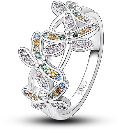 Hapour 925 Sterlingsilber Ring mit farbigen Zirkonia, Steinen & Regenbogen Libellen-Design, Elegantes Schmuckgeschenk für Frauen