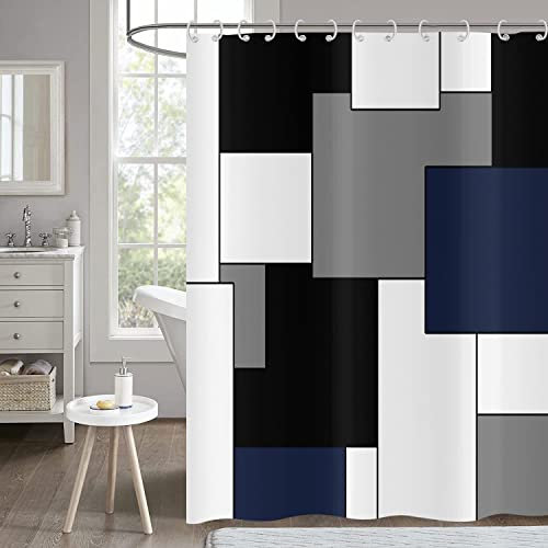 Hnmdmyi Rideau de Douche Bleu 180x200, Gris Noir et Blanc Rideau de Douche Moderne géométrique décoratif Rideau de Bain imperméable en Tissu Polyester Lavable Rideau de Bain avec Crochets