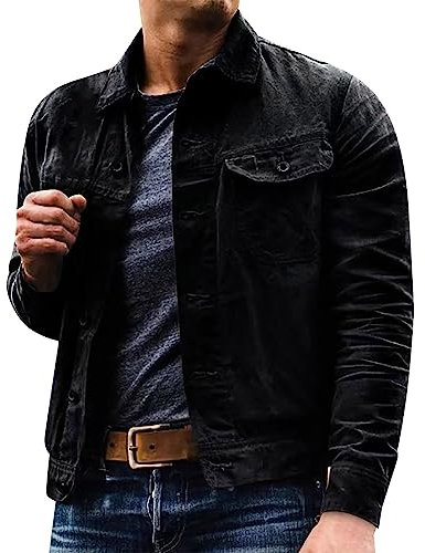 Mens Corduroy Button Down Shirts Cowboy Western Work Tactical Jackets Long Sleeve Casual Loose Retro Distressed Washed Shackets Jackets with Pockets Black