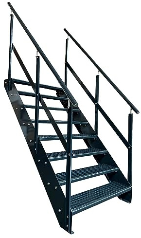 Kaminbau Mierzwa Premium Stahl Treppe mit Beidseitigem Geländer in komplett Anthrazit RAL 7016/8 Stufen (Breite 1400 mm) (Höhe 152 cm) Wetterfest Gitterroststufe Gartentreppe