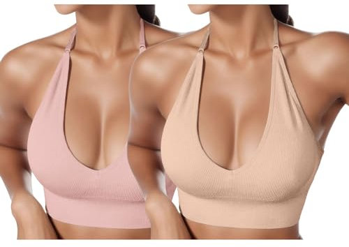 2 Stücke BHS Damen Neckholder Sport BH Rückenfrei Tiefer V Ausschinitt Sport Bustier Gepolstert Sexy Gym Push Up Ohne Bügel Bra Crop Top Backless Verstellbare Träger
