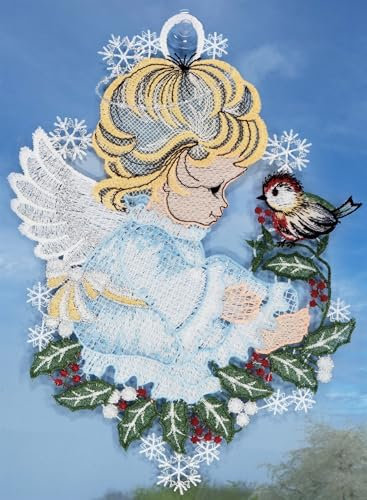 Plauener Spitze Fensterbild Weihnachten Fensterdekoration Engel Silber 27 cm Weihnachtsdekoration Fensterschmuck mit Saugnapf