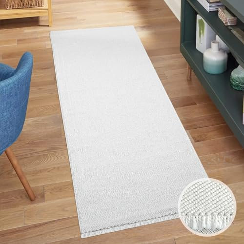 carpet city Teppich-Läufer Kurzflor Flur - Weiß - 80x300 cm - Teppiche Fransen Boho-Style - Einfarbig - Schlafzimmer, Wohnzimmer