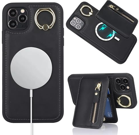 ELTEKER Mobile Phone Case for iPhone 11 Pro Max Case with Card Slot, Magnetic Removable Card Holder, Ring Holder, Zip Pocket, Black