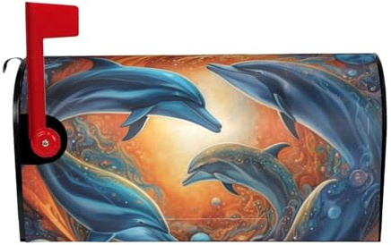 CSGJMYGS Mailbox Covers Magnetic Spring Summer Mailbox Cover Decorative Mailbox Wrap Dolphins in The Solar System Post Letter Box Cover for Garden Yard Home Outdoor Decor 21x18 in, Black
